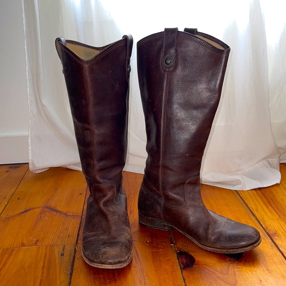 Frye Tall Leather Riding Boots in Dark Brown